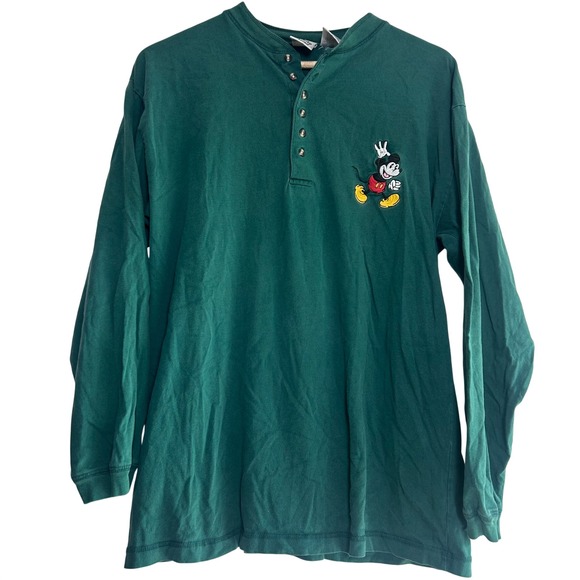 The Disney Store Tops - Vtg 90s Disney Store Mickey Mouse Henley Green Long Sleeve Shirt Large